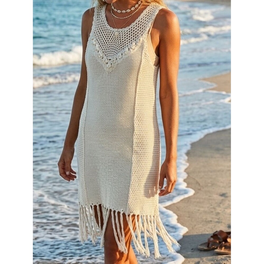 NWT Umgee Cream Crochet Fringe Swim Cover-Up